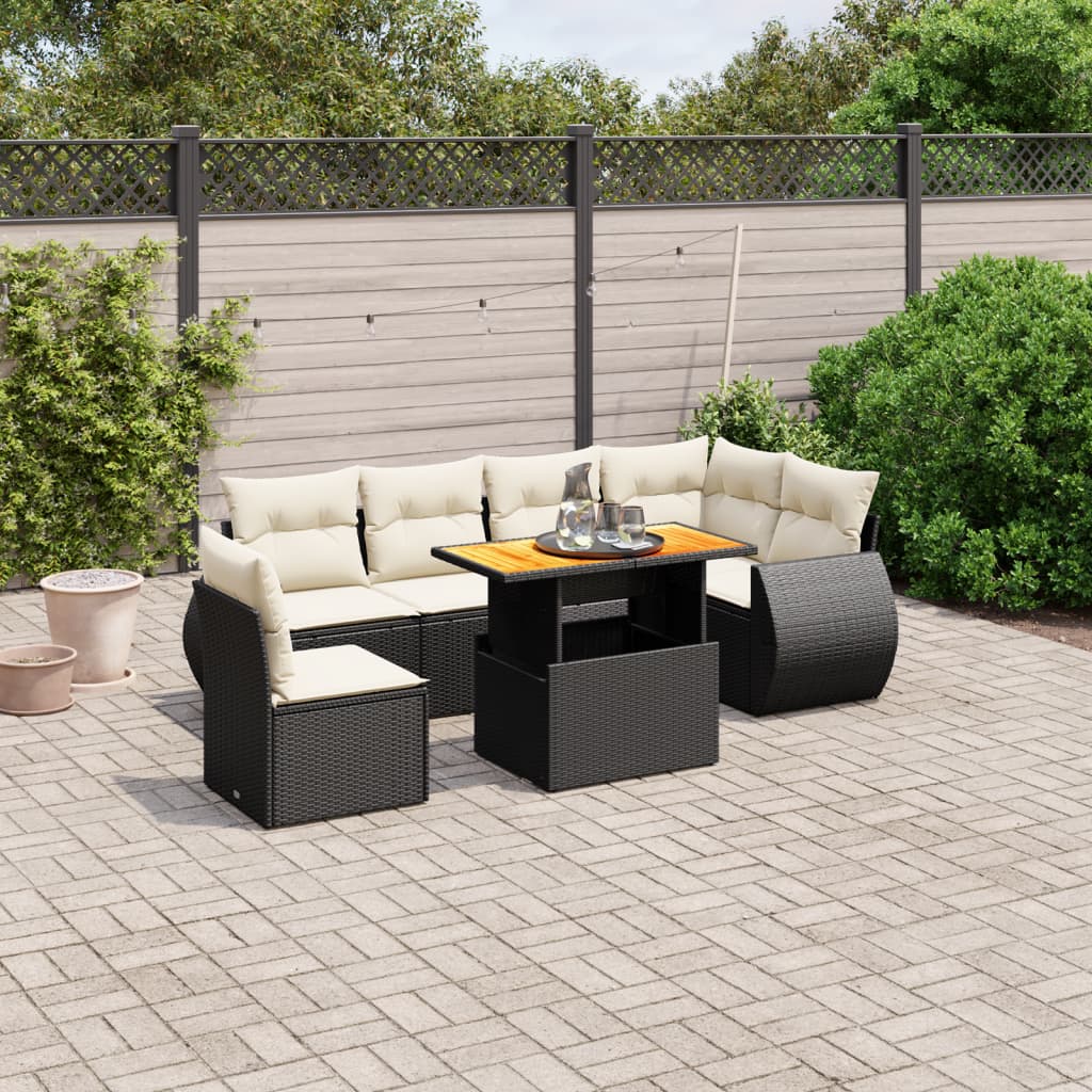 7-tlg. Garten-Sofagarnitur mit Kissen Schwarz Poly Rattan